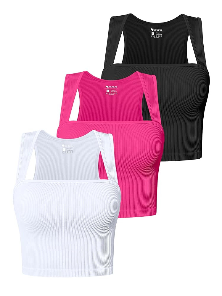 OQQ Women's 3 Piece Tank Tops Strappy Sleeveless Square Neck Stretch Tee Shirts Crop Camis | Amazon (US)
