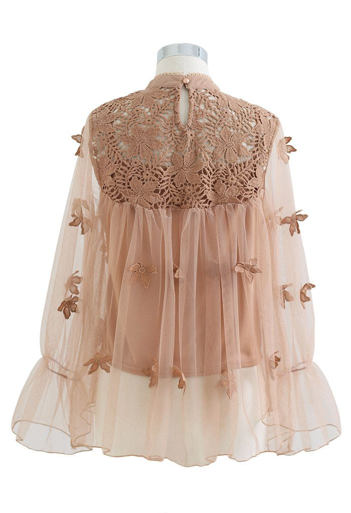 3D Crochet Flowers Mesh Dolly Top in Tan | Chicwish