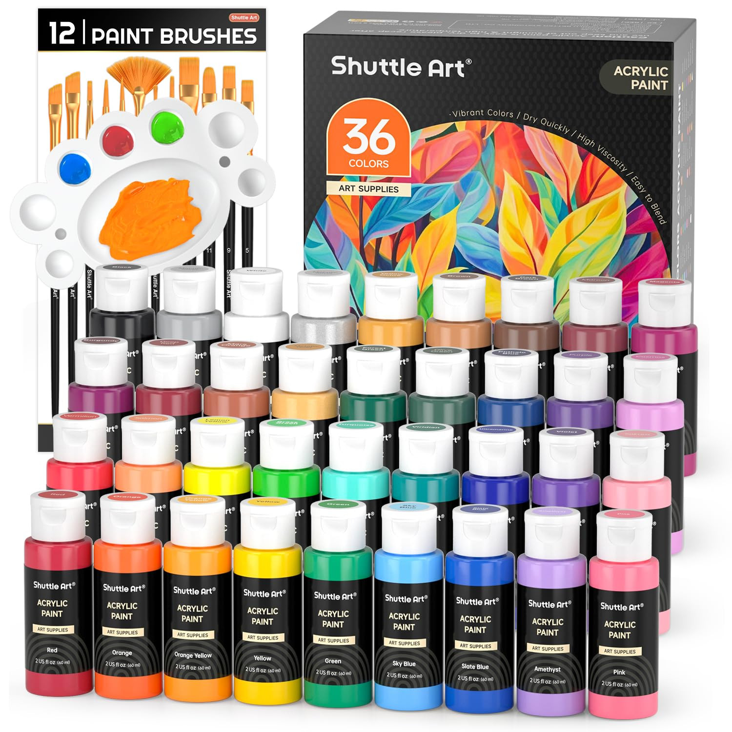 Shuttle Art Acrylic Paint Set, 36 Colors Acrylic Paint with Brushes & Palette, 2oz/60ml Bottles, ... | Amazon (US)