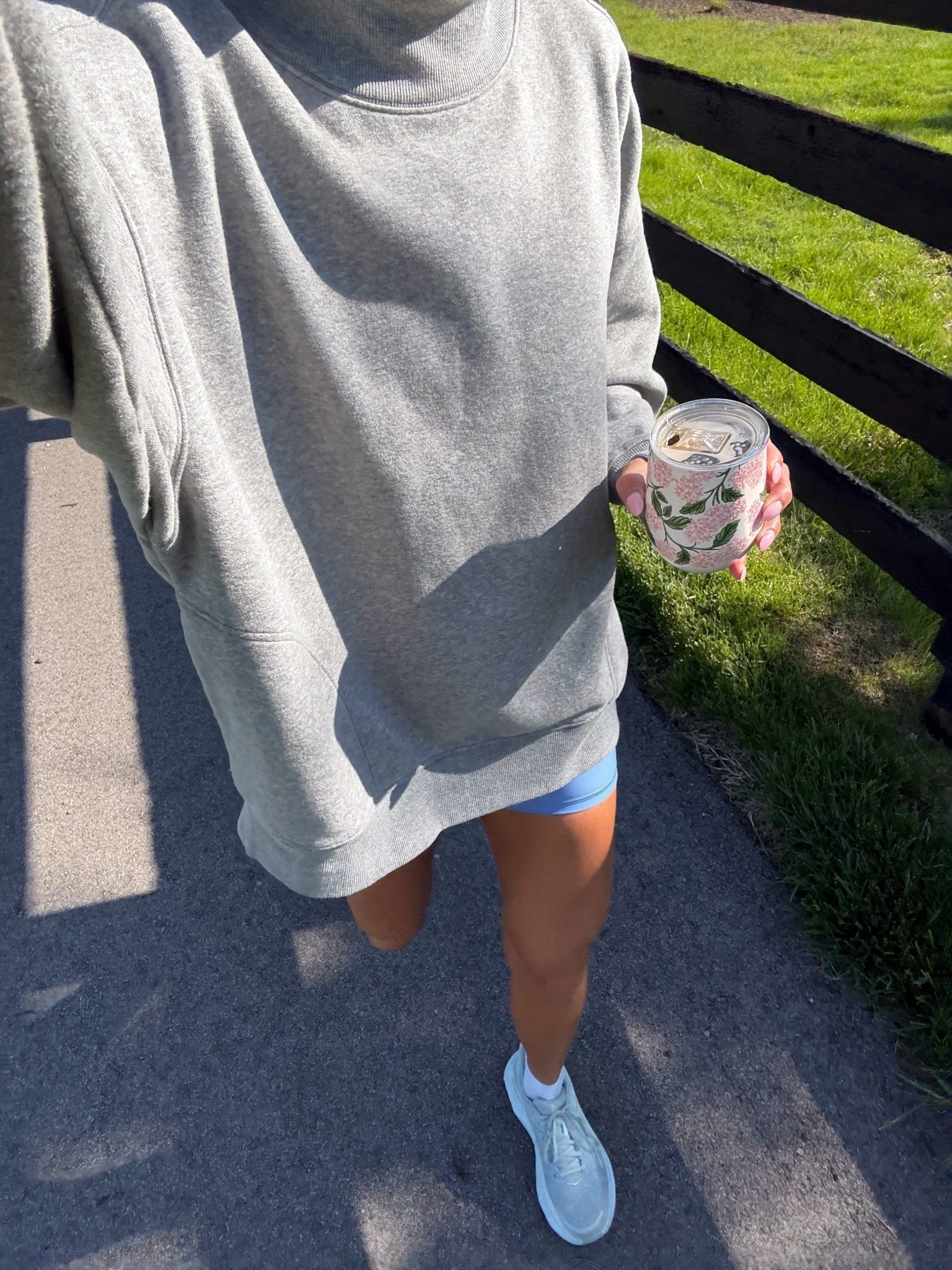 Walking outfit on sale for LDW!
@Aerie sweatshirt wearing medium and runs oversized 
Wearing medium in my @abercrombie  bike shorts

Love my @corkcicle mug for my morning coffees/tea while on the go!