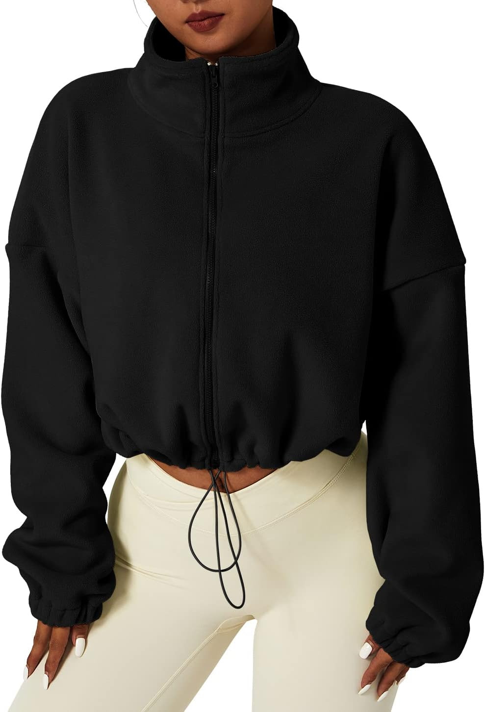 QINSEN Women's Full Zip Fleece Short Jacket Warm Winter Long Sleeve Stand Collar Sherpa Crop Coat | Amazon (US)