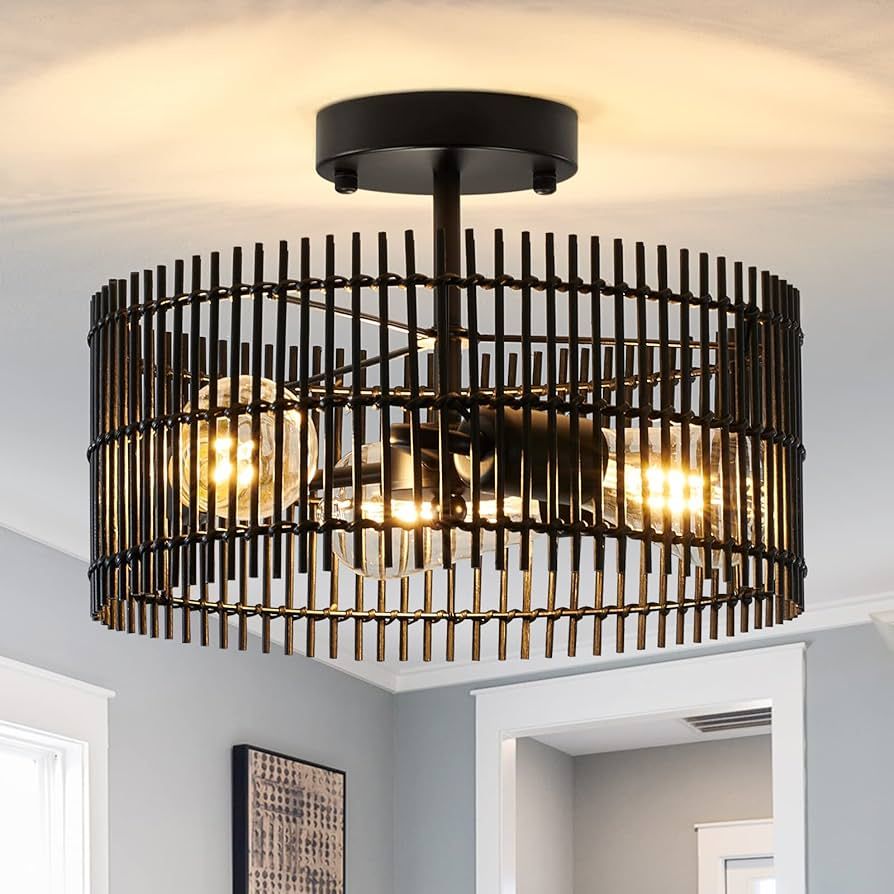 SGLfarmty Black Semi Flush Mount Ceiling Light, Modern 3-Light Rattan Chandelier, Farmhouse Light... | Amazon (US)