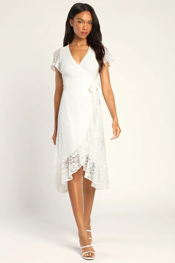 Daily Angel White Lace Flutter Sleeve Midi Wrap Dress | Lulus (US)