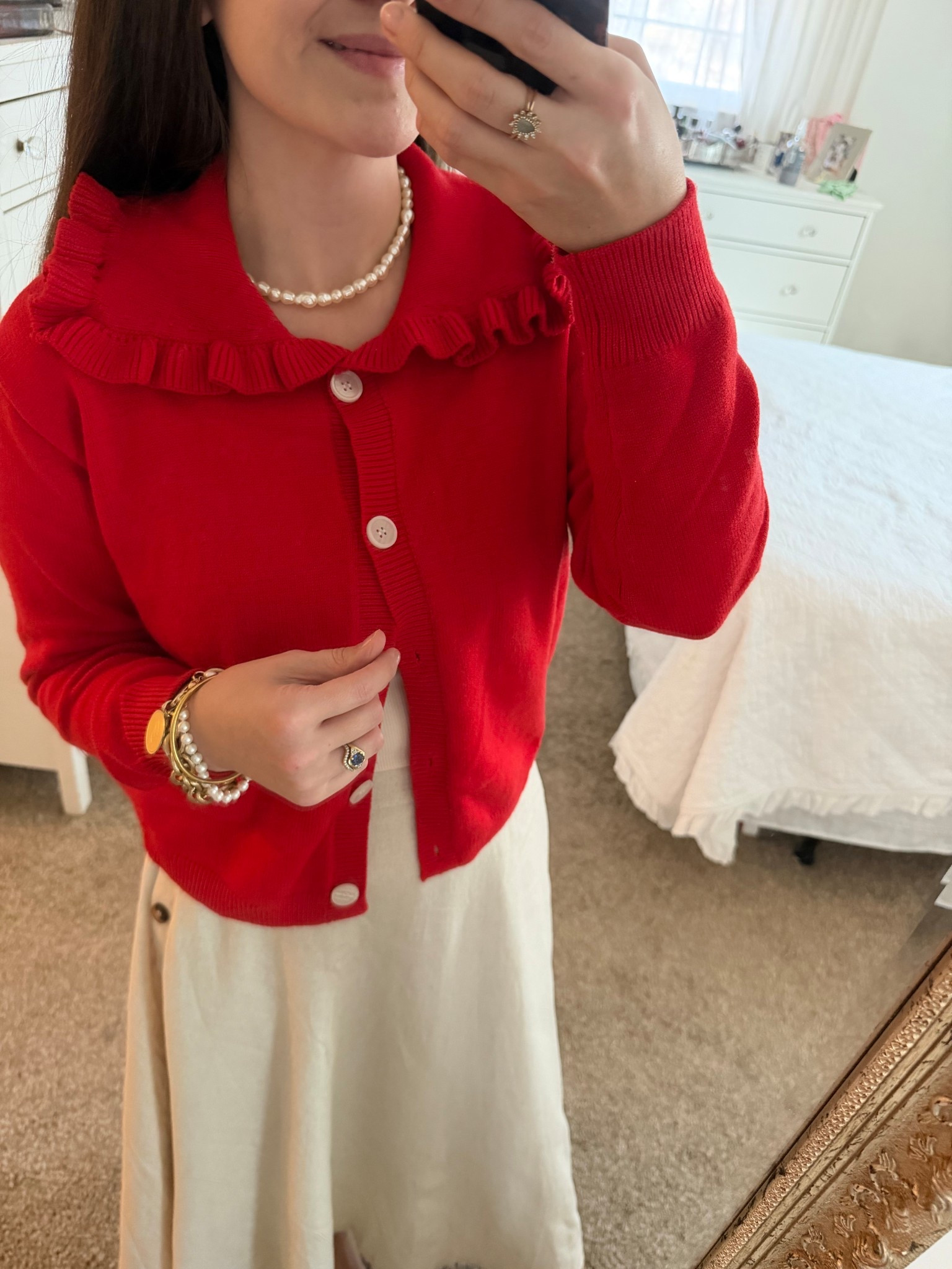 Holiday outfit Christmas outfit Ralph Lauren red sweater anthro dupe Amazon find linen skirt