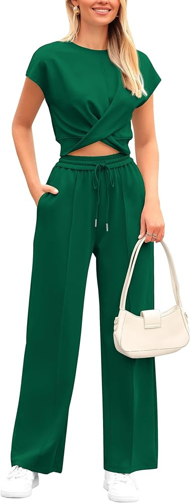PRETTYGARDEN Women's Summer Two Piece Outfits Tracksuit Twist Front Crop Tops T Shirts Wide Leg P... | Amazon (US)