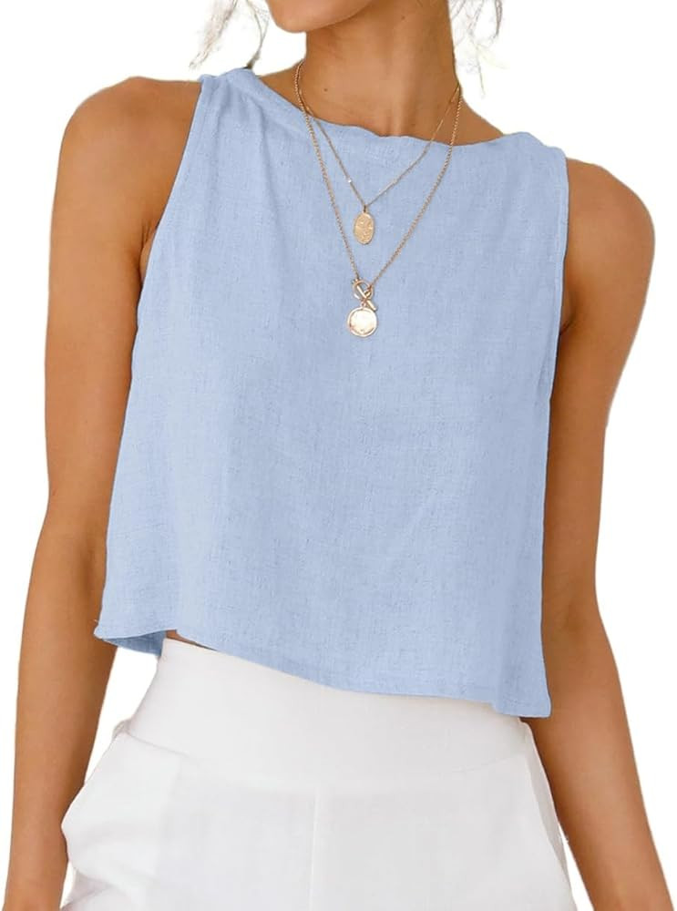 IDEALSANXUN Womens Linen Crop Tank Tops 2026 Spring Summer Beach Sleeveless Tops | Amazon (US)