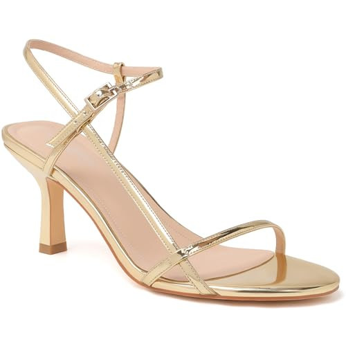 Mostrin Women's kitten Low Gold Strappy Heels for Women Open Round Toe Ankle Strap Heels Sexy Fashion Comfort Dress Shoes Party Pumps Heeled Sandals Size 9.5 | Amazon (US)