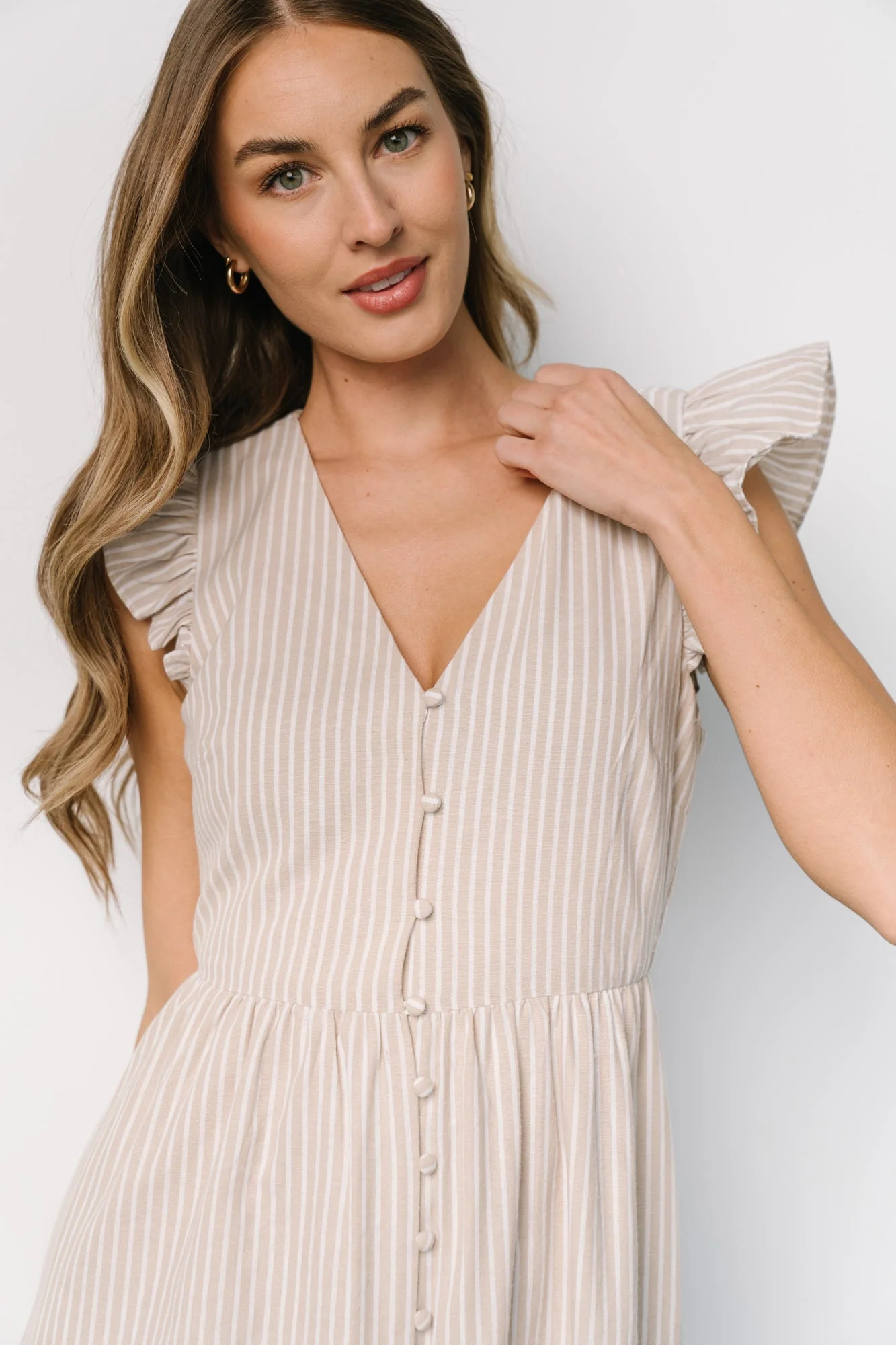 Hettie Button Maxi Dress | Beige Stripe | Baltic Born