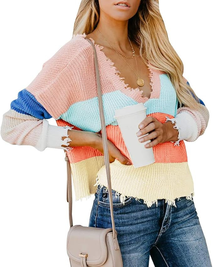 Saodimallsu Womens V Neck Rainbow Striped Sweater Color Block Loose Cropped Ripped Long Sleeve Kn... | Amazon (US)
