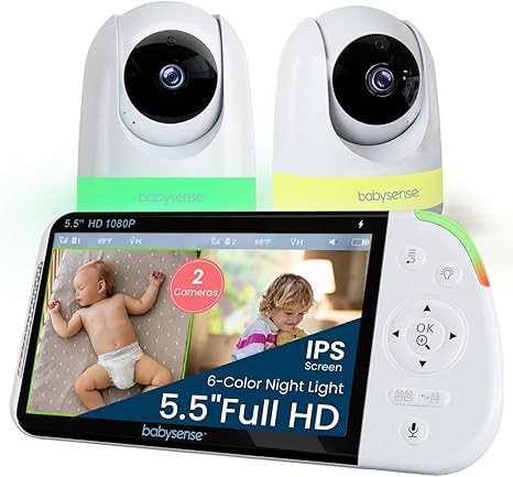 Babysense Full HD 5.5" Split Screen Baby Monitor with 2 Cameras, 6-Color Night Light, White Noise... | Amazon (US)