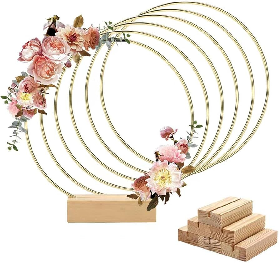 Worown 6 Pack 8 Inch Floral Hoop Centerpiece for Wedding, Gold Metal Rings with Wooden Stand - Ta... | Amazon (US)