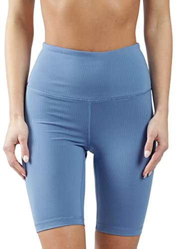 90 Degree By Reflex High Waisted Yoga Biker Shorts Ribbed Workout Running Spandex Shorts for Women - Ditch Denim 9" Ribbed - XL | Amazon (US)
