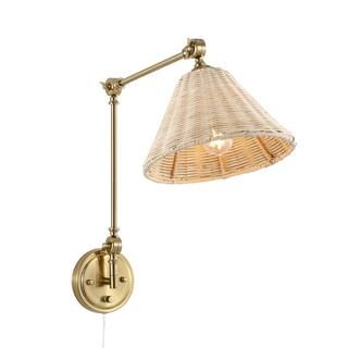 Brass with Rattan Lamp Shade Swing Arm Wall Lamp | The Home Depot