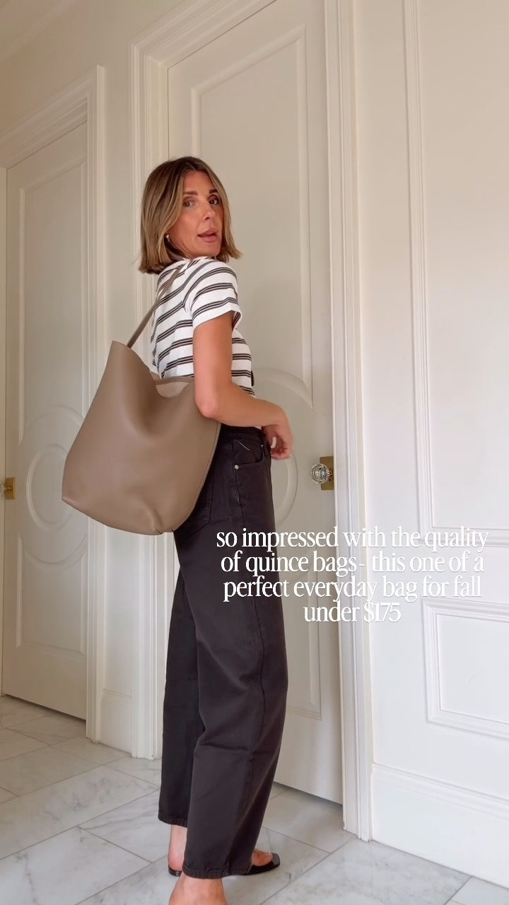 Back to school Mom outfit idea. Just got these new barrel jeans in from target under $45 love the chocolate brown color they fit so well I'm wearing size 2/25 and I'm 57 for reference wearing size small and I would see a T and love this quince bucket tape.

#LTKmomlife #LTKootd