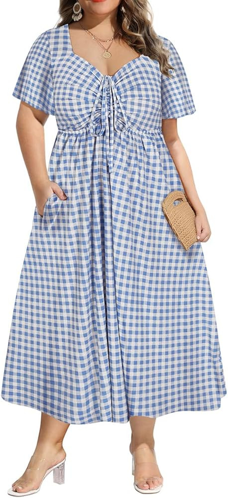 CARCOS Plus Size Dresses for Curvy Women Tie Sweetheart Neck Summer Maxi Dress Short Sleeve Empir... | Amazon (US)