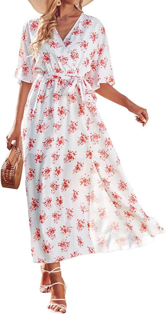 BTFBM Women's Wrap V Neck Maxi Dress 3/4 Sleeve Floral Print Belted Boho Summer Flowy Loose Kimono S | Amazon (US)