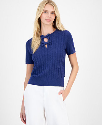 Nautica Women's Bow Cable-Knit Short-Sleeve Sweater | Macy's