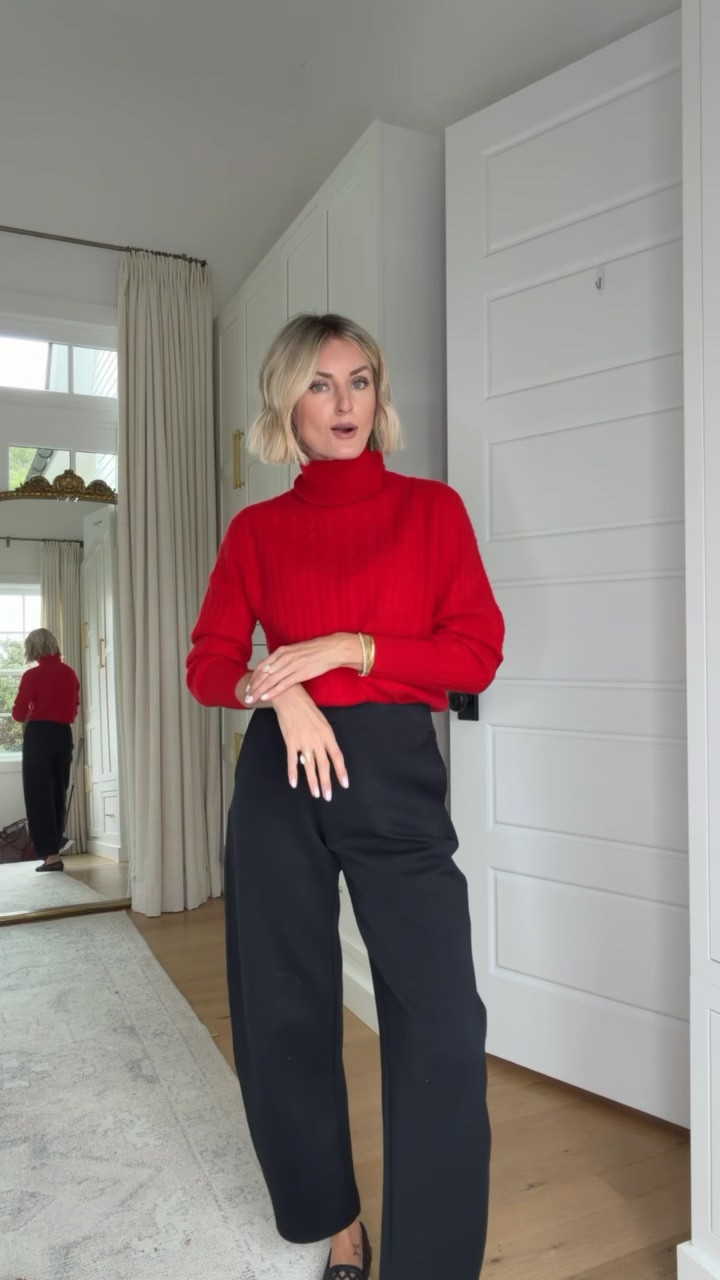 A pop of red for fall! Loving this cropped cable knit turtleneck paired with barrel leg black trousers for an effortlessly chic look. Wearing size S sweater and XS pants

Loverly grey, tuckernuck, red turtleneck sweater, cable knit sweater, fall outfit ideas, red sweater outfit, cropped sweater, fall fashion, classic style, holiday outfit inspiration