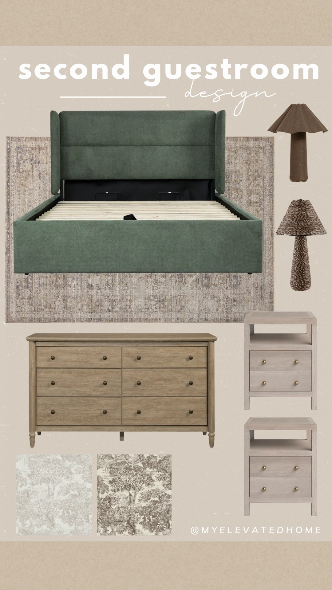 Just designed another bedroom space! I wanted warm, earthy tones and I love the look already! Plus, everything is on crazy sale!!! 

I ordered all these items, except the lamps because I can’t make a decision yet. Then, I still need to decide on wallpaper. I plan to add a board and batten wall behind the bed and paint it a taupe/beige color then wallpaper the top half with one of options on the picture! 

The nightstands come in  21 and 28 inch width. I would’ve preferred 28 but due to size of my room, I got the 21. 