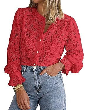 PRETTYGARDEN Women's Dressy Casual Lace Blouse Long Sleeve Button Up Shirts Tops Fall Fashion Clo... | Amazon (US)
