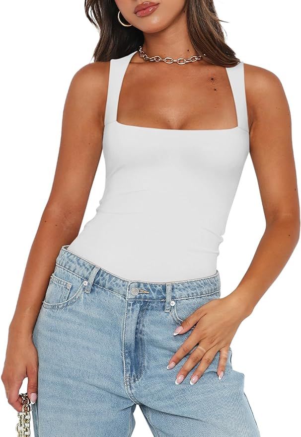 REORIA Women’s Sexy Sleeveless Square Neck Double Lined Bodysuit Tank Tops | Amazon (US)