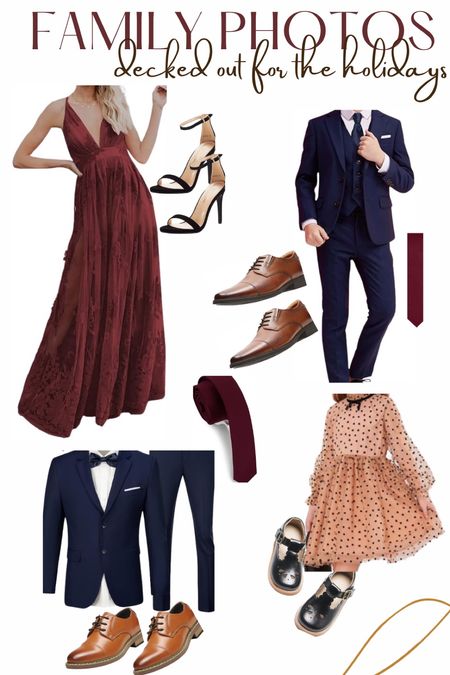 Holiday photo attire for the entire family

Holiday Suit for men 
Burgundy tie
Burgundy Chiffon dress for women 
Holiday dress for girls
Holiday blazer for boys
Family photos 

#LTKHoliday #LTKwedding #LTKstyletip