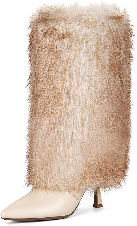 3.3-inch Kitten Heel Mid Calf Fur Boots Furry Fuzzy Fluffy Pointed Toe Boots for Women Short Boot... | Amazon (US)