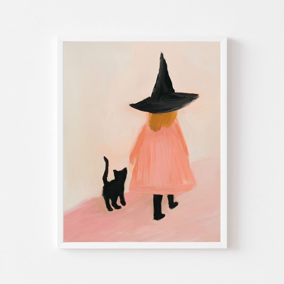 Pink Witch Girl Art Print: Black Cat Halloween Decor (digital Download) - Etsy | Etsy (US)