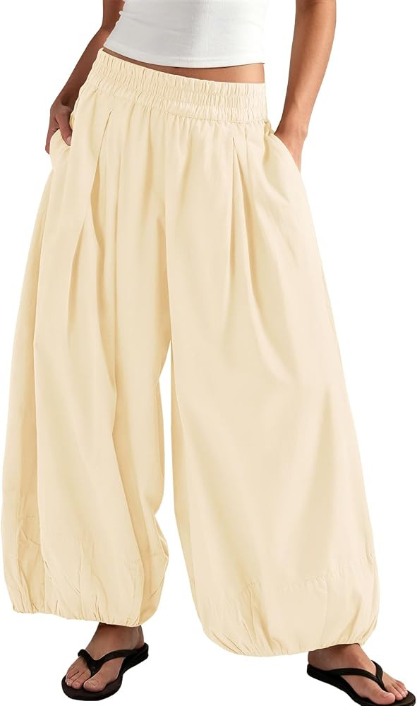 ReachMe Womens Elastic High Waist Wide Leg Barrel Pants Flowy Baggy Balloon Trousers Summer Beach... | Amazon (US)