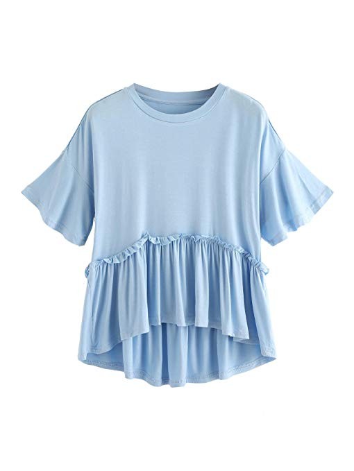 Romwe Women's Loose Ruffle Hem Short Sleeve High Low Peplum Blouse Top | Amazon (US)