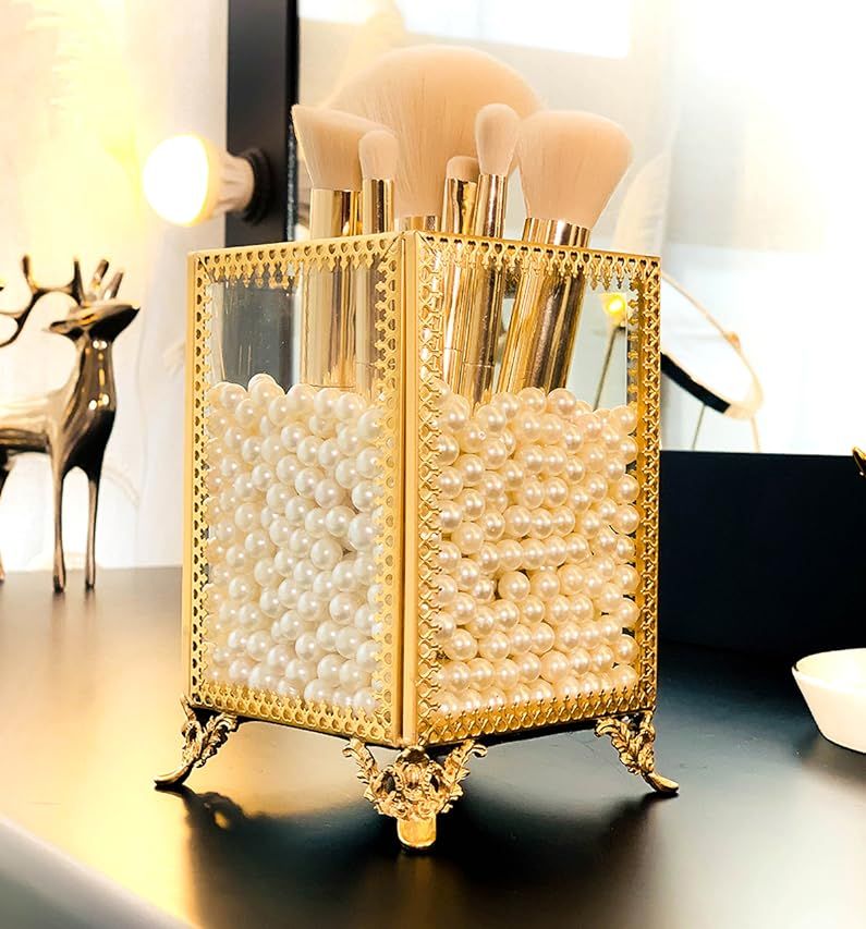 PuTwo Makeup Brush Holder Glass and Brass Vintage Makeup Brush Organizer Handmade Cosmetic Brush Sto | Amazon (US)