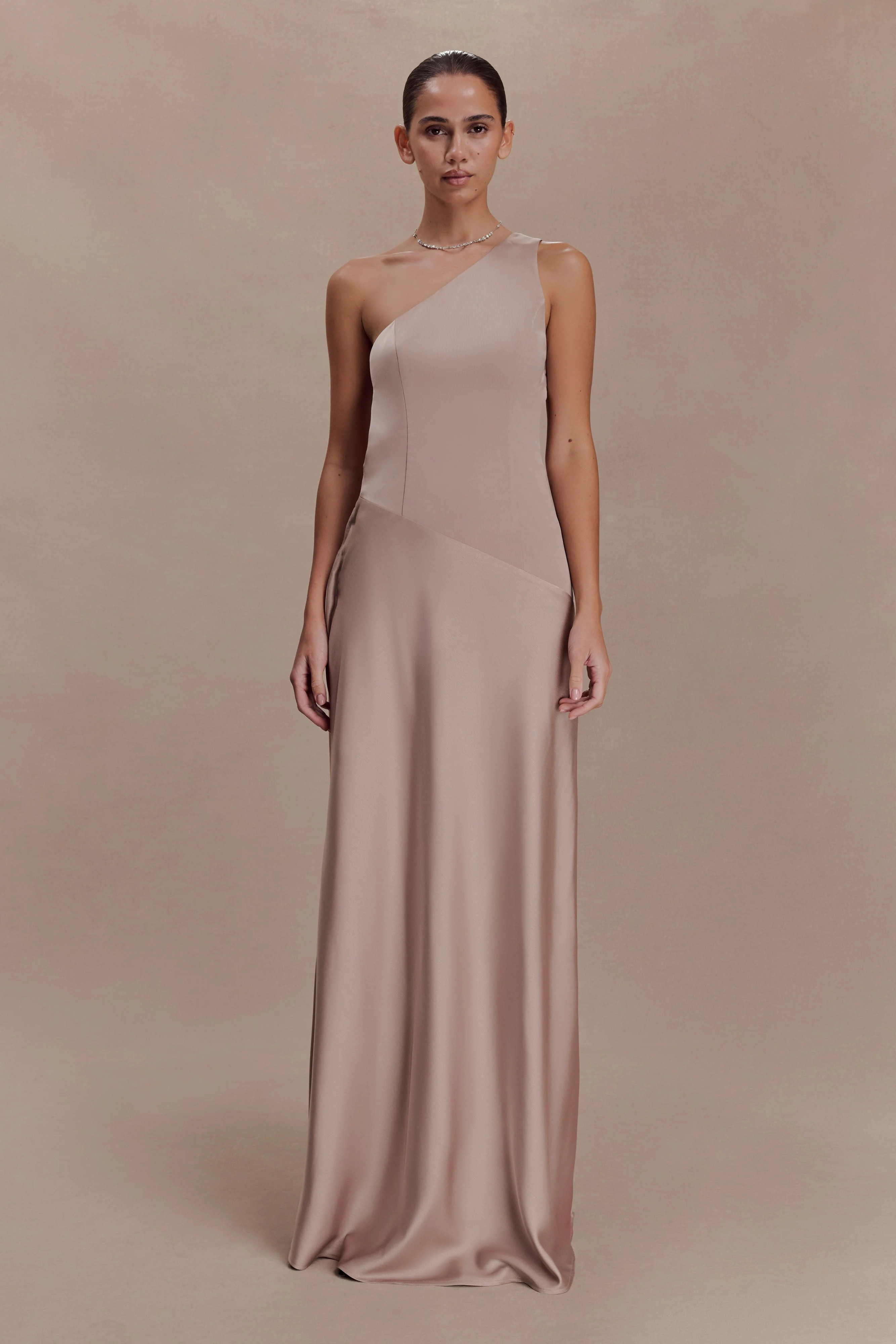 Lyla Asymmetrical Satin Maxi Dress - Bronze Taupe | Meshki UK