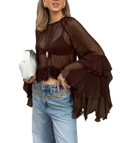 Ruffled Blouses for Women Boho Flowy Bell Sleeve Chiffon Top Sexy See Through Sheer Ruffle Hem Shirt Tops (Dark Brown, S) | Amazon (US)
