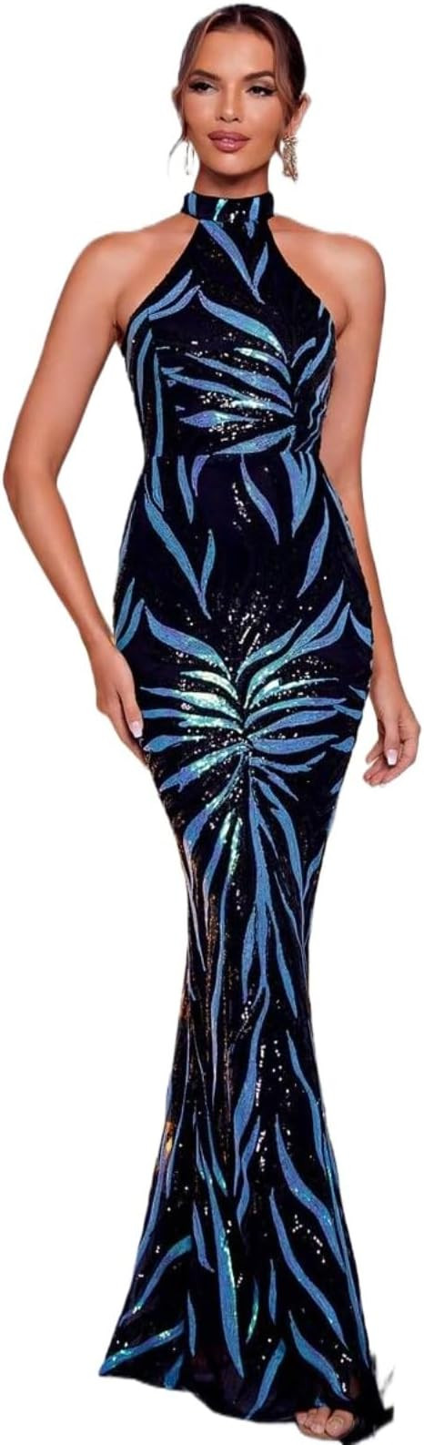 Halter Neck Contrast Sequin Mermaid Hem Prom Dress | Amazon (US)