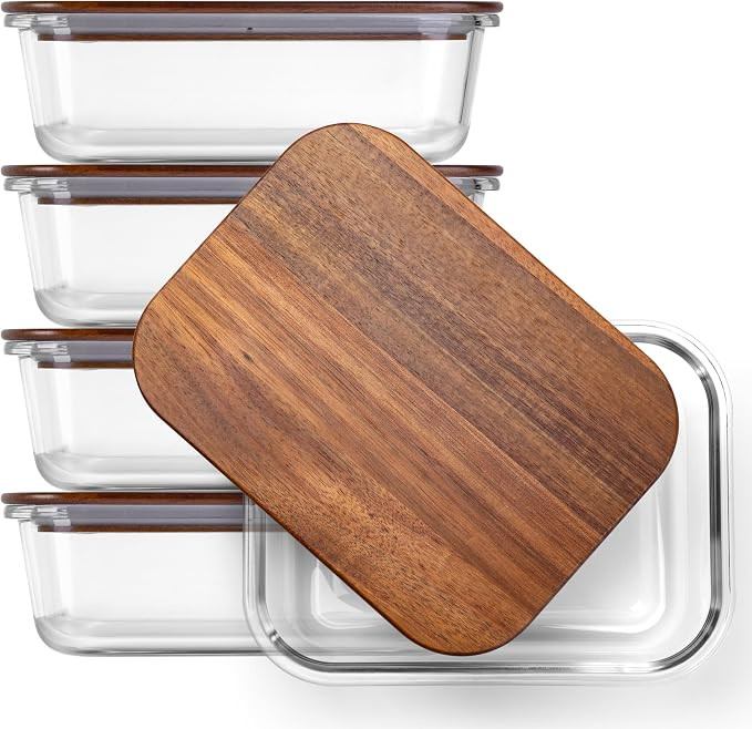 5-Piece Borosilicate Glass Food Storage Containers with Acacia Wood Lids — 35 oz Rectangular Me... | Amazon (US)