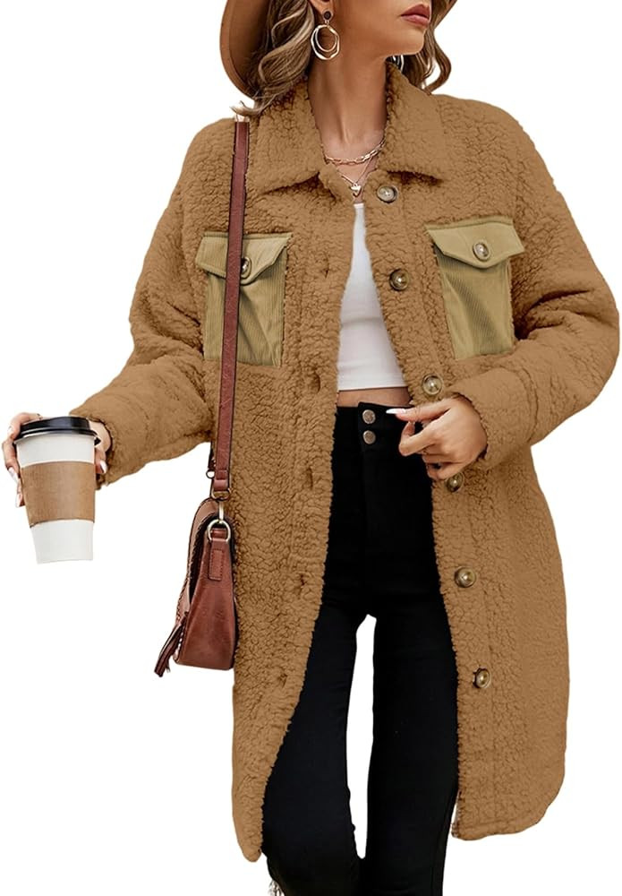 EVALESS Fuzzy Fleece Jackets for Women Fashion Long Sleeve Lapel Button Down Long Teddy Coat Faux... | Amazon (US)