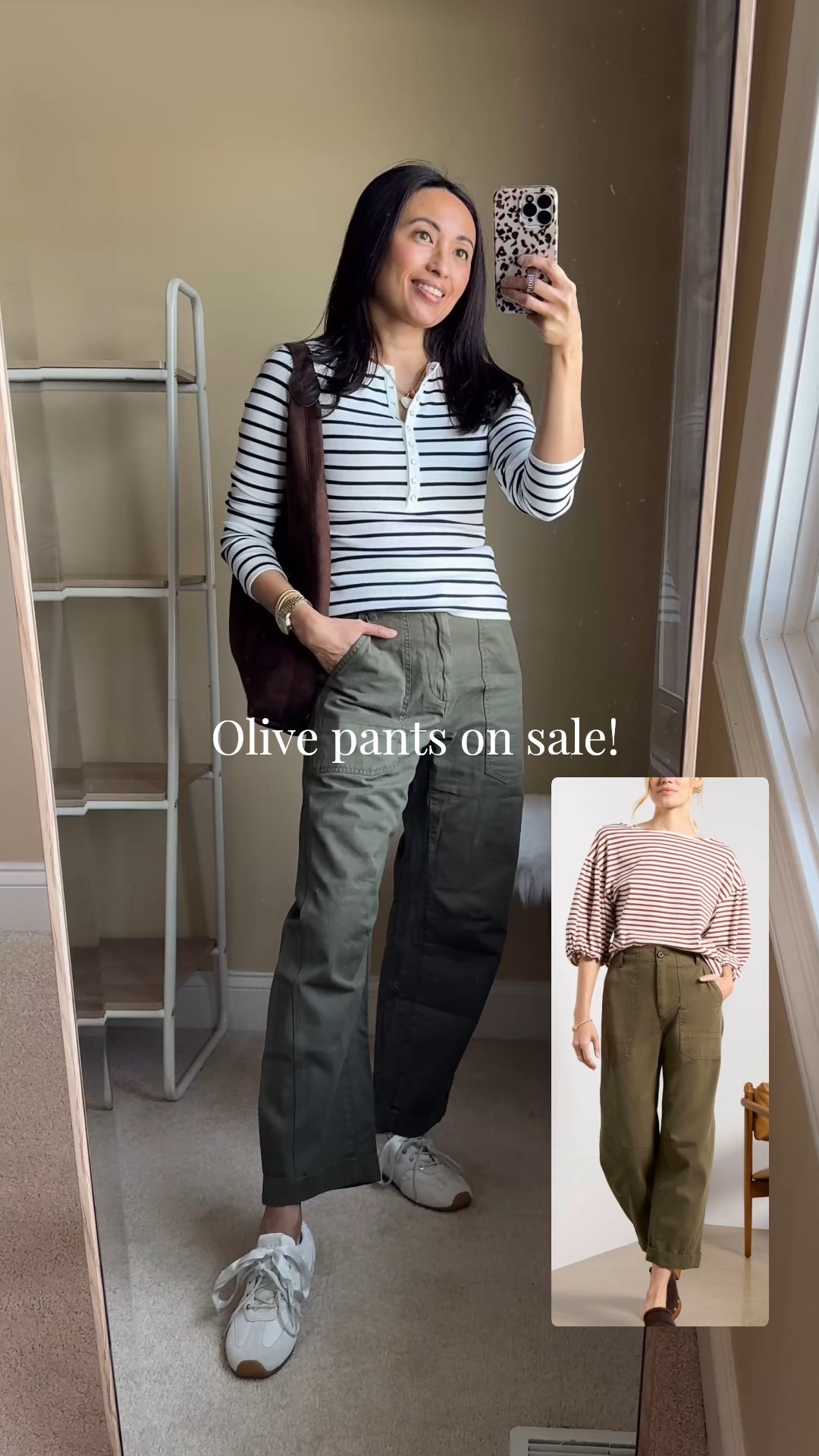 Spring outfit. Olive pants are so cute!  Flattering fit. Good cotton material. I go between 2 sizes and took the smaller size  
On sale at 2 retailers. 

#LTKSaleAlert #LTKootd #LTKOver40