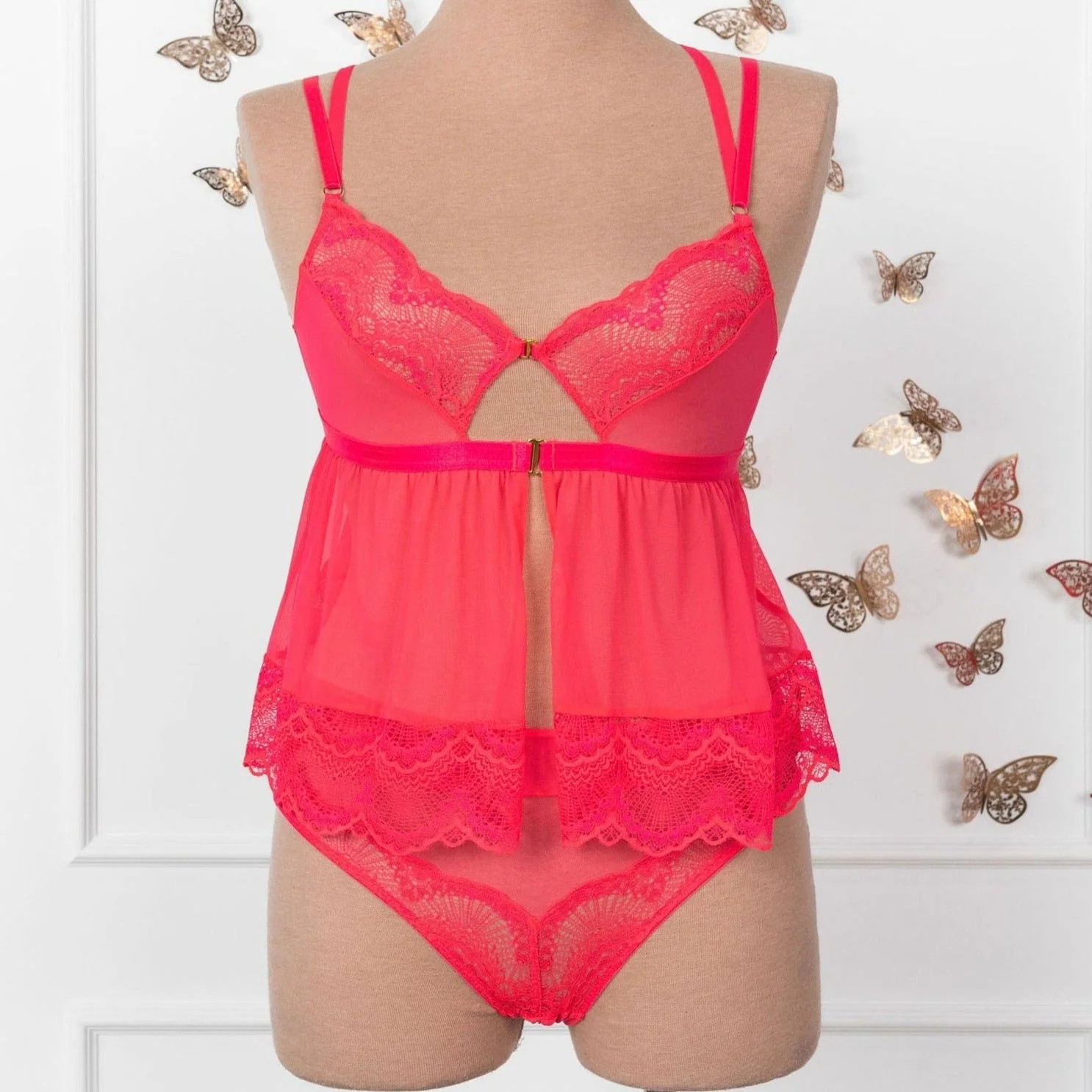 Lace & Mesh Camidoll - Coral Glow | Mentionables
