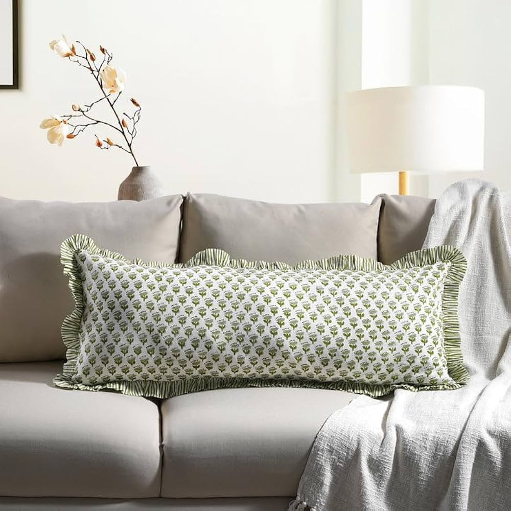 CPC Emerald Green 100% Cotton Block Print Ruffle Sham Cover 14x36 inch, Handmade Boho Floral Pill... | Amazon (US)