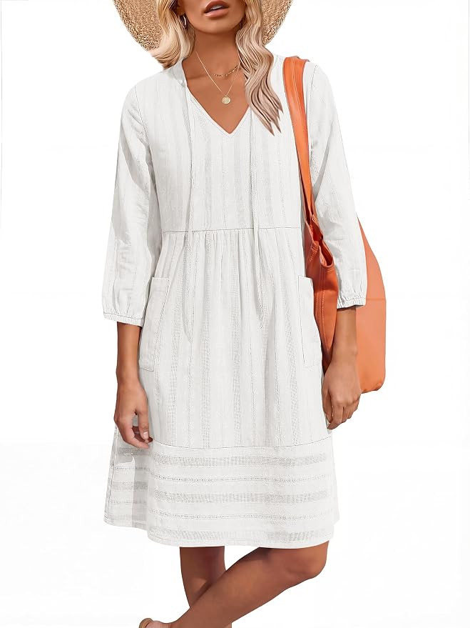 Caracilia Women’s Summer 3/4 Sleeve V Neck Casual Shift Dresses with Pockets, for Daily Resort ... | Amazon (US)