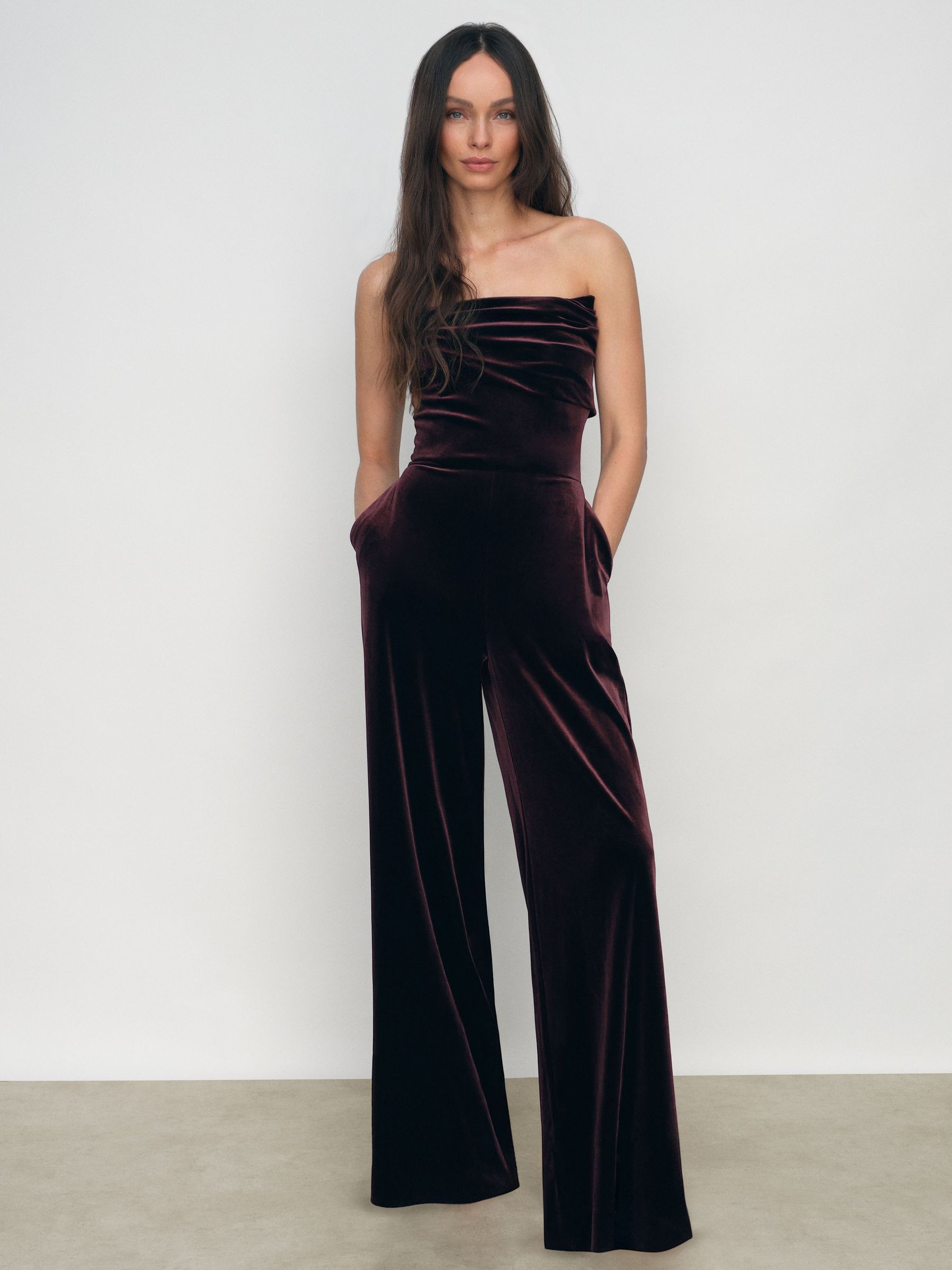 Velvet Drape Strapless Jumpsuit in Burgundy | Reiss UK