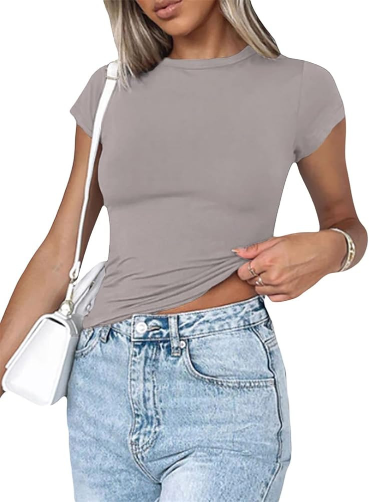 Women Basic Y2k Crop Tops Tight Round Neck Baby Tees Short Sleeve Slim Fitted T Shirts Egirl Aest... | Amazon (US)