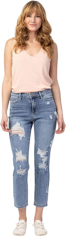 Judy Blue Women's Hi-Waisted Destroyed Boyfriend Fit Jeans | Amazon (US)