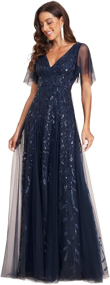 Ever-Pretty Women's Sequin Sparkly V-Neck Short Sleeve Maxi Evening Dress 00734 | Amazon (US)