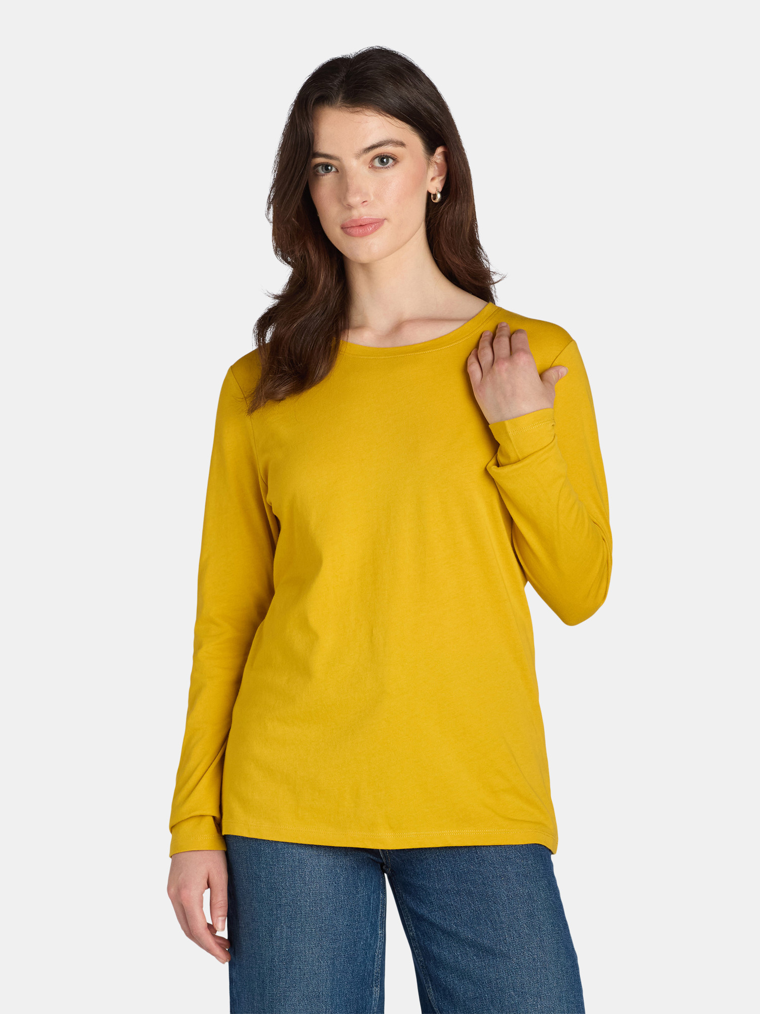Time and Tru Women's Cotton Crewneck Tee with Long Sleeves, Size XS-XXXL | Walmart (US)