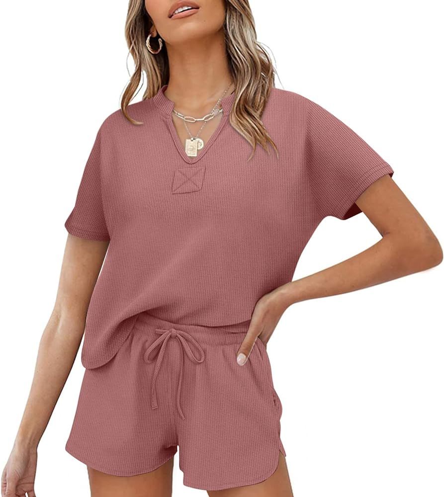 WIHOLL Two Piece Outfits for Women Pajamas Sets Henley Knit Tops and Shorts sets loungewear with ... | Amazon (US)