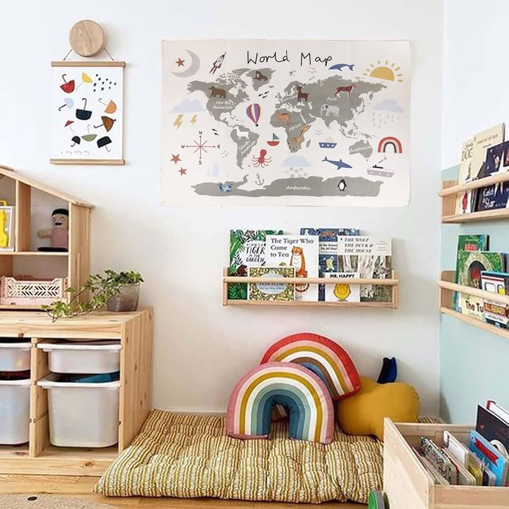 Charlbytion World Maps for Wall, Adorable Alphabet Canvas Art Poster Wall Hanging,Kids Room Schoo... | Amazon (US)