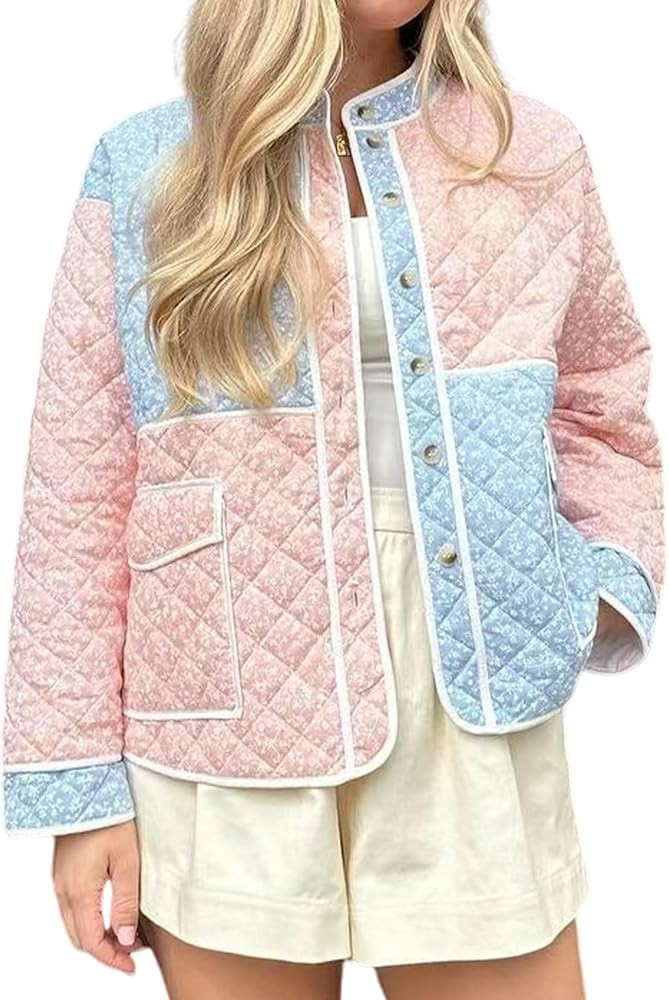 Wyeysyt Women's Floral Puffer Quilted Jacket Long Sleeve Lightweight Button Padded Jackets Color ... | Amazon (US)