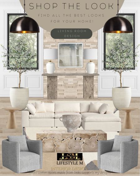 Transitional, modern farmhouse living room idea. Square Wood coffee table, wood round end table, grey swivel chair, white sectional sofa, wood console table, white table lamp, white terracotta tree planter pot, realistic faux fake tree, black dome pendant light, beige modern rug, grey wall art. 

#LTKhome #LTKstyletip #LTKFind