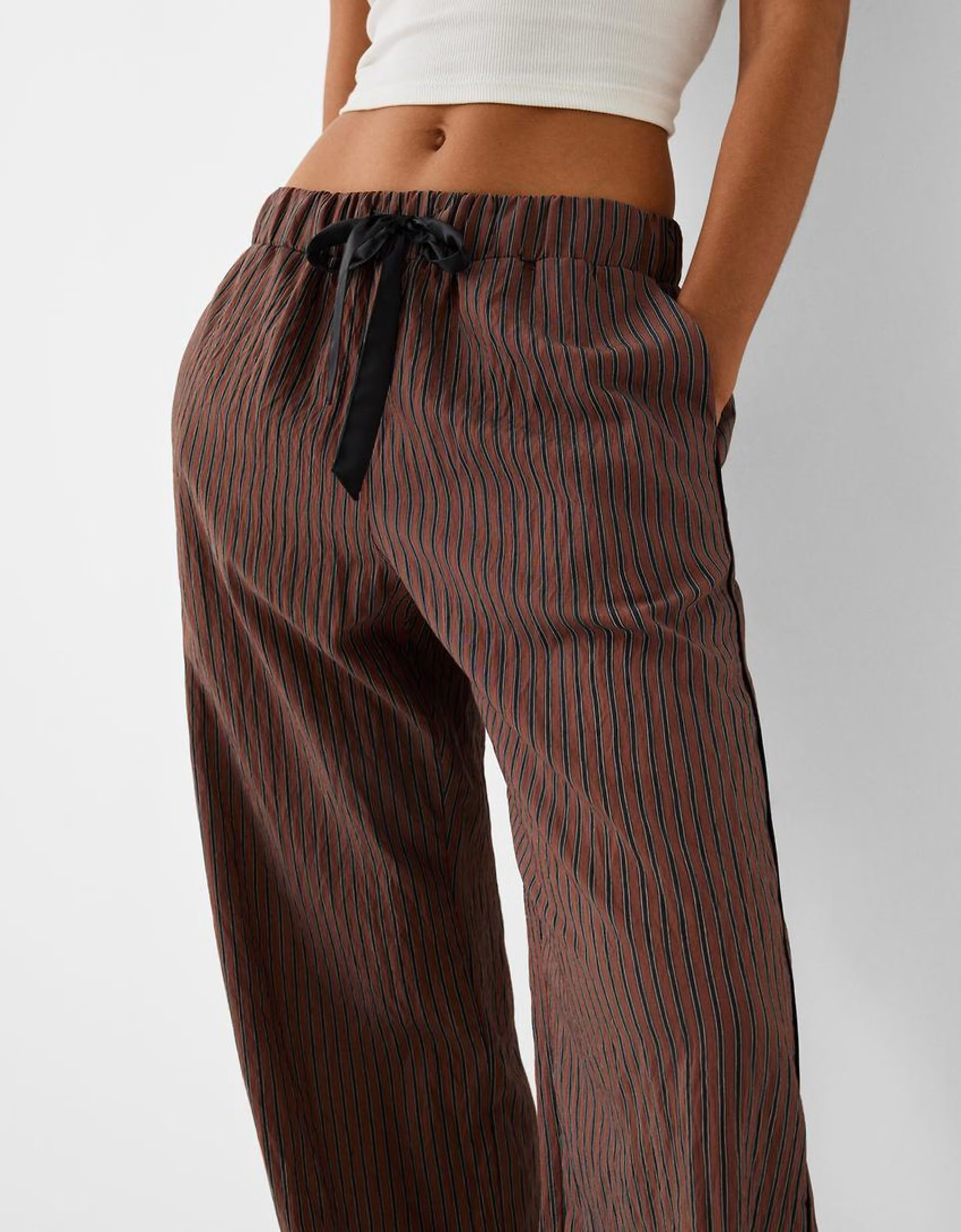 Bershka ribbon drawstring waist wide leg trousers in brown & stripe | ASOS (Global)
